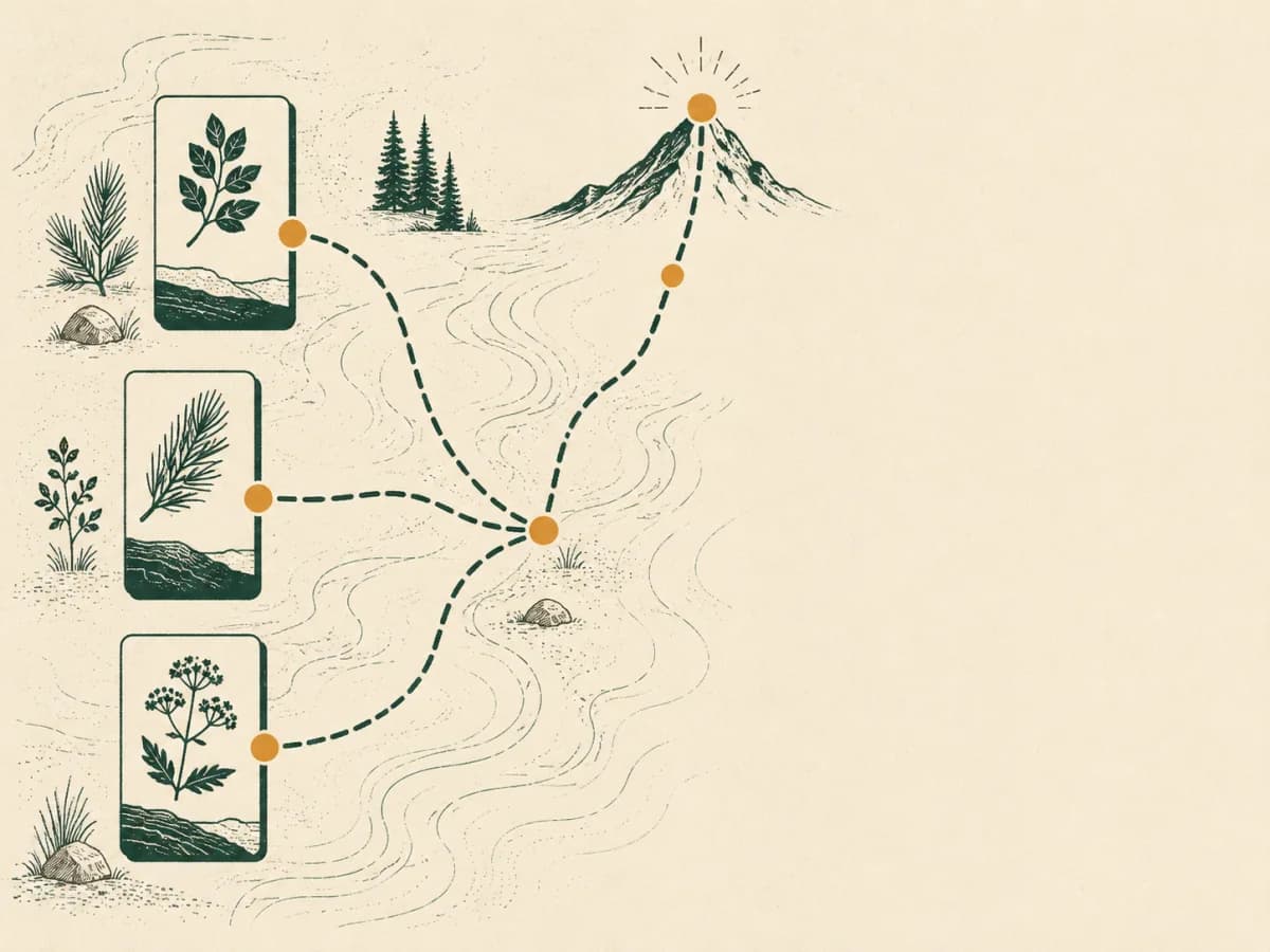 Three field guide cards join a trail toward a mountain marker.