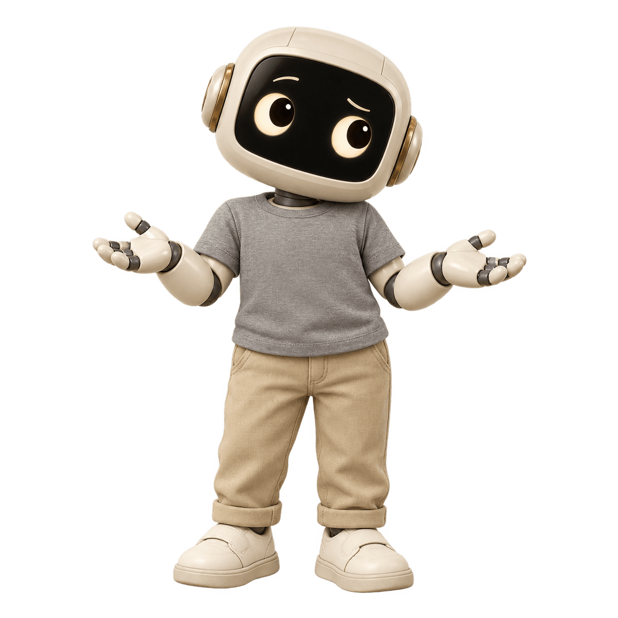 A puzzled cream robot in a plain gray shirt, standing alone without terrain, branding or tools.